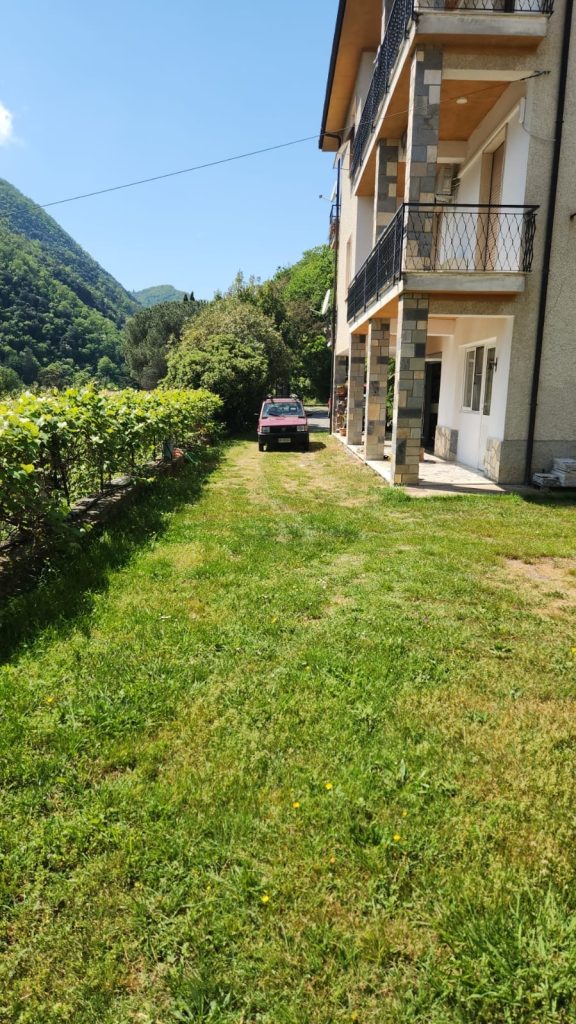 Giardino erboso accanto a una casa con balconi, vista sulle montagne verdi e vialetto con auto parcheggiata.